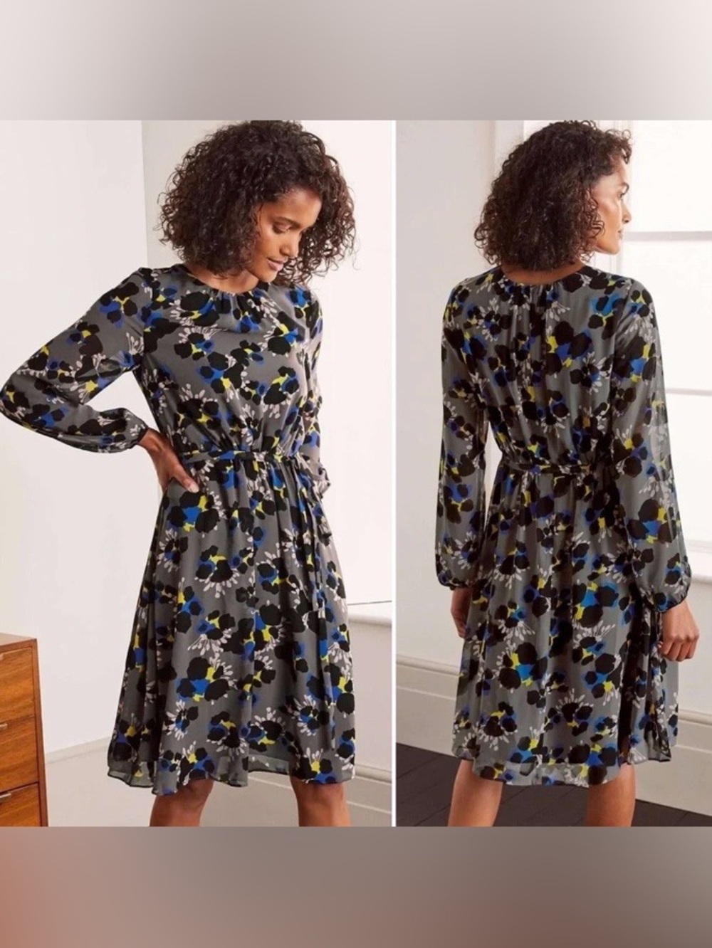 Waist 29” Boden Gray Floral Dress with Blue, Yellow & Black Accents _ Size S/ 4P